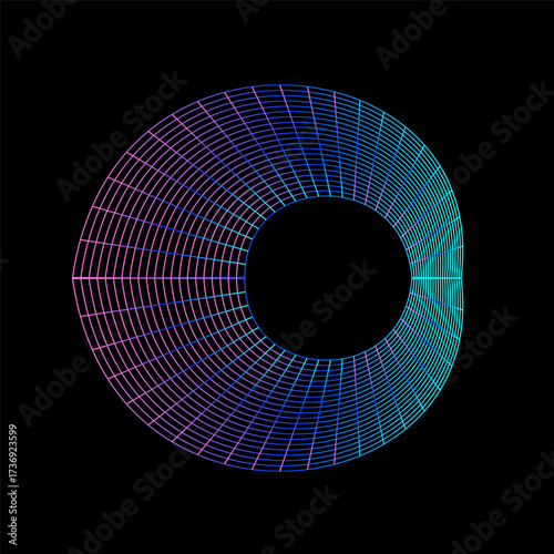 Abstract gradient geometric grid forming a vibrant digital light ring on a dark background