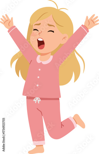 Cute Cartoon Blonde Hair Girl Stretching Body After Wake Up Illustration