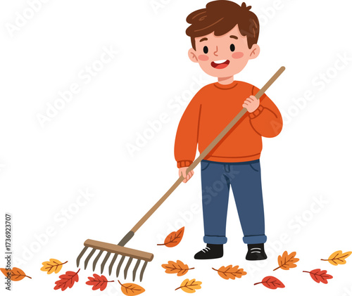 Cartoon Style Happy Boy Raking Fall Leaves Autumn Season Illustration