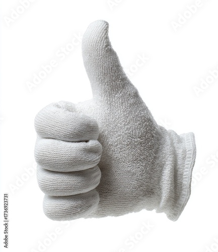 A white cotton glove displaying a thumbs-up gesture against a white background