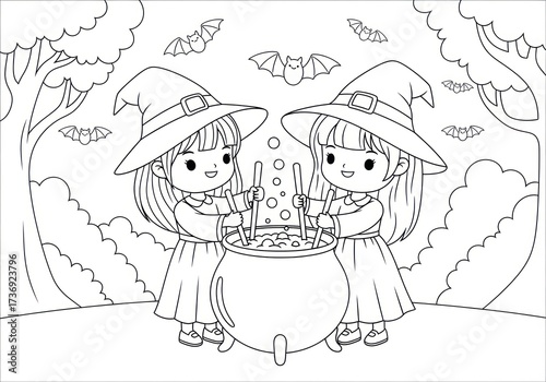 Cute Halloween Witch Girls Stirring Cauldron in Spooky Forest Coloring Page.