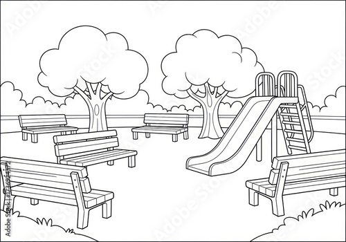 Black and White Playground Scene with Benches and Slide.