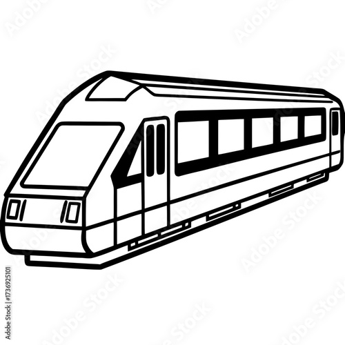 Simple Commuter Train Vector Illustration, Outline Style, White Background