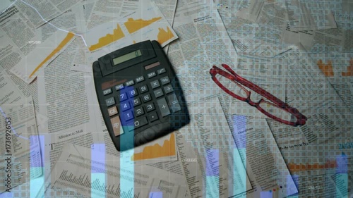 Activating overlay, data bars rising over calculator while glasses tilting and highlighting figures