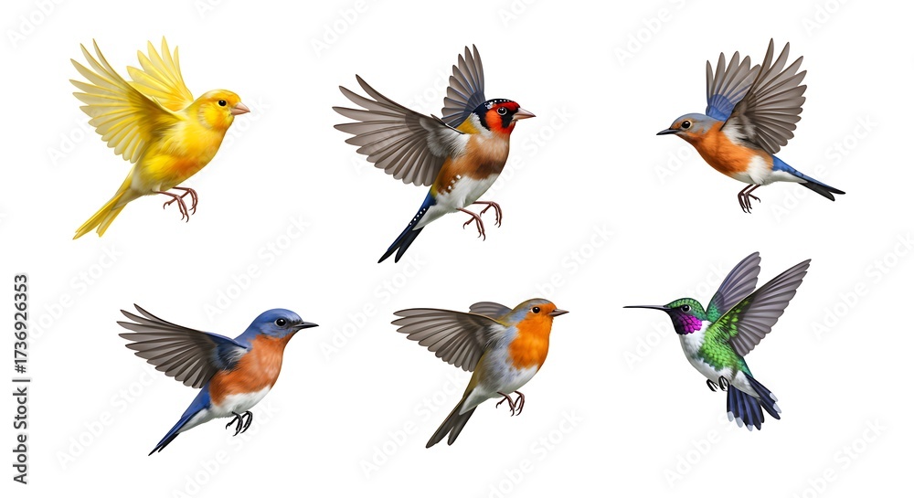 Fototapeta premium A collection of six diverse birds in flight, showcasing a variety of species and vibrant plumage against a clean white background