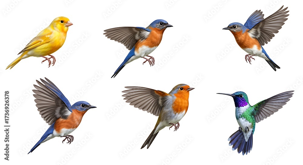 Naklejka premium A Collection of Six Beautiful Birds in Flight Canary, Bluebirds, Robin, and Hummingbird
