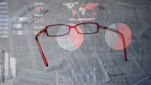 Fading percentage overlays sparking red glasses drifting and rotating, charts cycling for data view
