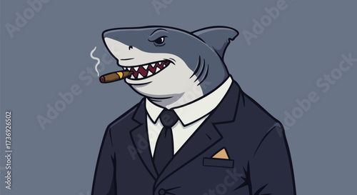 Shark character in a suit smoking a cigar with a confident expression on its face