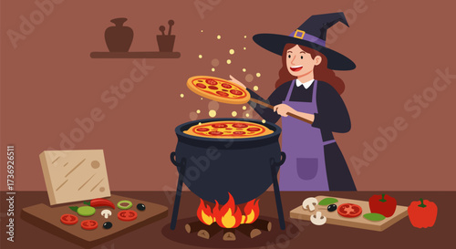 Happy witch cooking pizza in a cauldron for halloween party in a spooky kitchen