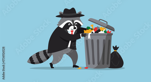 Raccoon wearing a fedora digging through a trash can on a light blue background