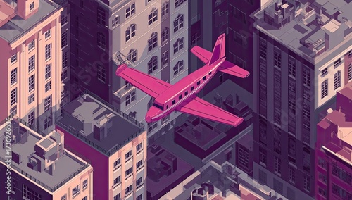 A pink plane soars through the air, surrounded by stylized buildings in a city scene
