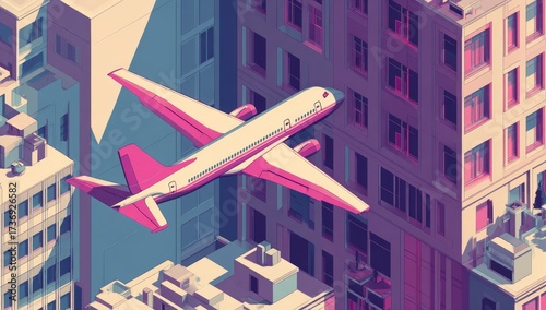 A stylized airplane flies above a cityscape with tall, rectangular buildings in a gradient palette