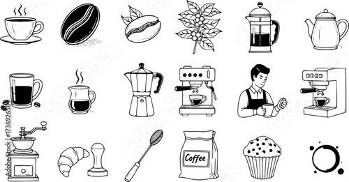 Hand drawn coffee elements and icons set for cafes and coffee lovers