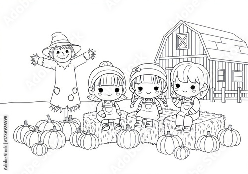 Autumn Harvest Coloring Page with Children and Scarecrow.