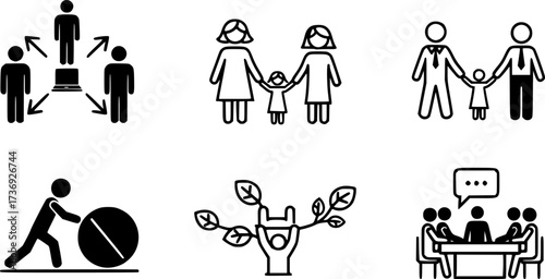 Stick figure icons depicting teamwork and family scenarios