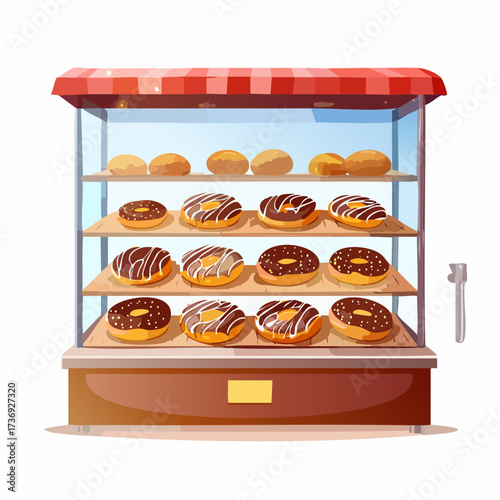 Cartoon Donut Display Case with Rows of Glazed Doughnuts on Shelves Under Striped Awning with White Background
