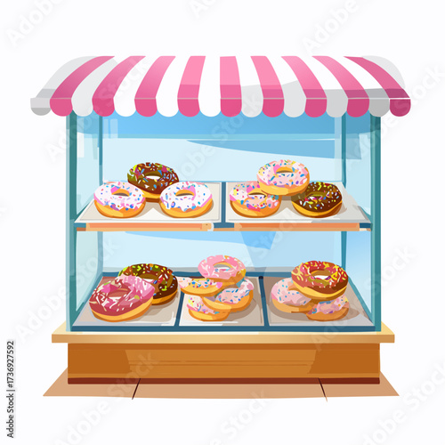 Pastel Donut Display Case with Assorted Flavors and Toppings Under Striped Awning on White Background