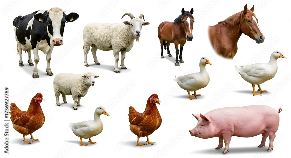 Fototapeta premium Diverse Collection of Domestic Farm Animals, Featuring Various Livestock and Poultry, Isolated on White Background for Agricultural and Educational Concepts