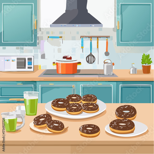 Pixel Art Illustration of Donuts and Green Drink on Kitchen Counter with Teal Cabinets and Microwave in Background