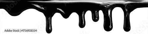 Black liquid drips against white background. Viscous substance running down. Glossy, reflective surface