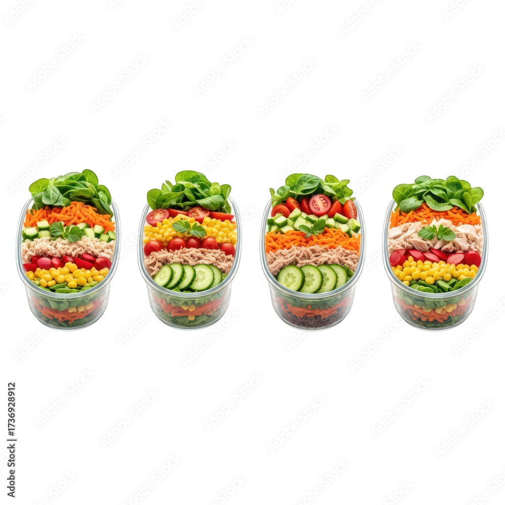 Fototapeta premium Healthy Salad Container Bowls Assortment Still Life Stock Photo with Fresh Vegetables Tuna and Corn for Diet or Meal Prep