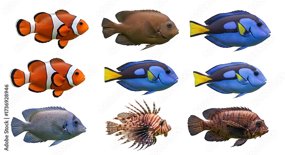 Fototapeta premium A captivating collage showcases a vibrant assortment of aquatic life, featuring distinctive clownfish and regal blue tangs in their natural, colorful glory