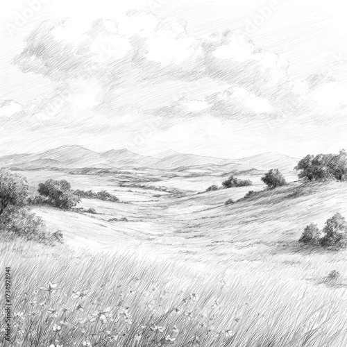 Grainy pencil sketch of a pastoral valley.  Rolling hills, grassy plains, and distant mountains stretch beneath a hazy sky.  A few scattered trees dot the landscape