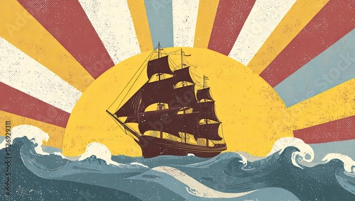 A sailing ship silhouette glides across ocean waves, set against a vibrant sunrise backdrop
