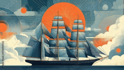 A classic sailing ship, sails full, silhouetted against a vibrant sunset sky