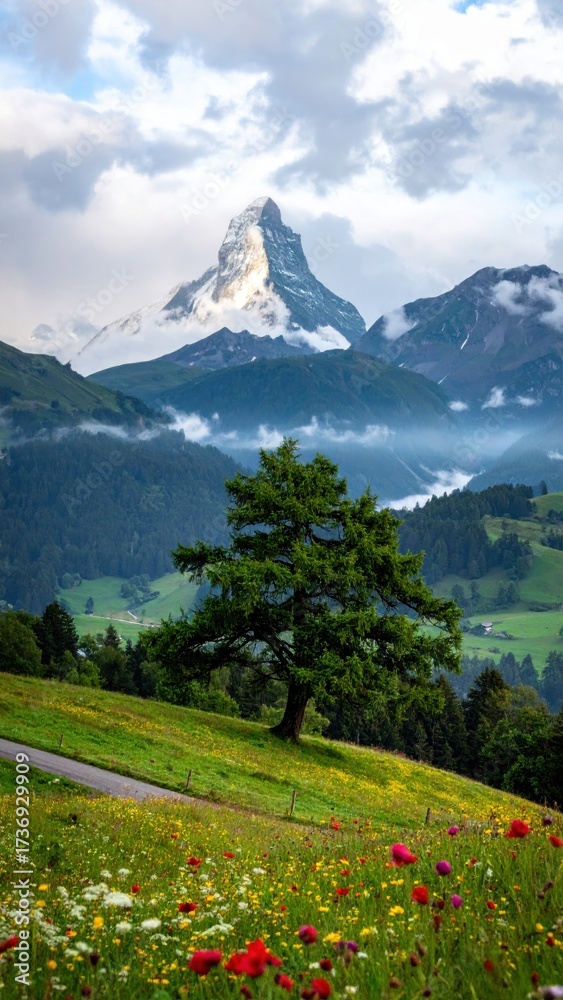 Fototapeta premium Majestic Matterhorn Peak Amidst Alpine Meadow and Forest