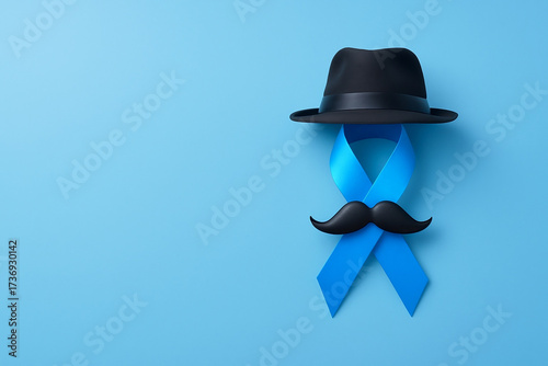 Blue ribbon with mustache and hat symbolizing Movember and men's health awareness on light blue background. Conceptual composition for prostate cancer prevention campaign and November Blue.