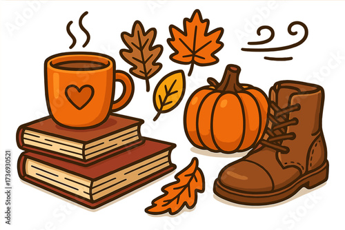 Autumn essentials vector illustration set. Cozy fall season with a hot coffee cup on books, pumpkin, boot, and leaves. Hygge lifestyle concept for warm relaxing reading time.