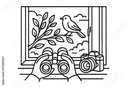 Birdwatching hobby from home window. Person holding binoculars watching a bird on a tree branch. Wildlife photography concept. Vector line art cartoon illustration icon.