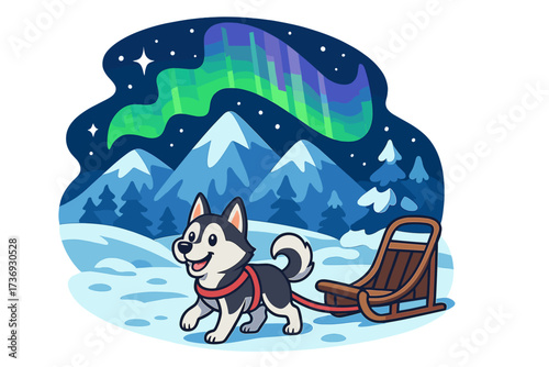 Husky dog sledding adventure in a winter wonderland. Cartoon vector illustration of a cute sled dog in an arctic landscape with mountains, snow and northern lights (aurora borealis).