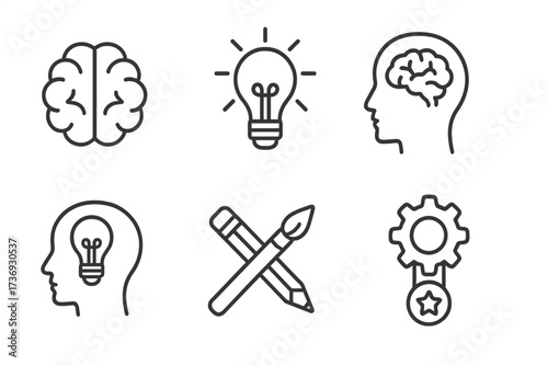 Brainstorming and creativity line icon set. Concepts of idea, innovation, intelligence, thinking, skill, and solution. Vector graphic collection for web and mobile design.