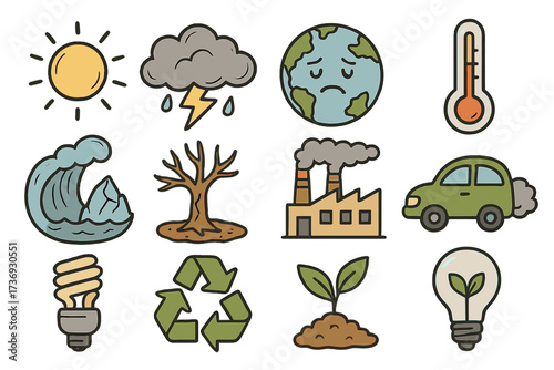 Climate change icon set. Hand-drawn doodle elements of weather, environment, sustainability. Global warming, pollution, ecology concepts. Vector cartoon illustration stickers.