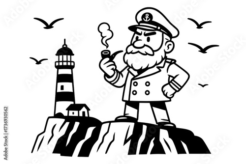 Sea captain cartoon on a cliff with lighthouse. Sailor mascot with beard smoking a pipe. Nautical marine vector illustration. Seaman character with seagulls, black and white.