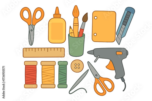 Crafting essentials set for DIY projects. Art and craft supplies collection with scissors, glue gun, thread, paint brushes, ruler. Vector cartoon illustration for handmade hobbies.