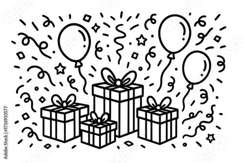 Celebration surprise party doodle. Gift boxes, confetti, balloons sketch. Black and white line art. Vector illustration for birthday, event, anniversary. Festive surprise concept.