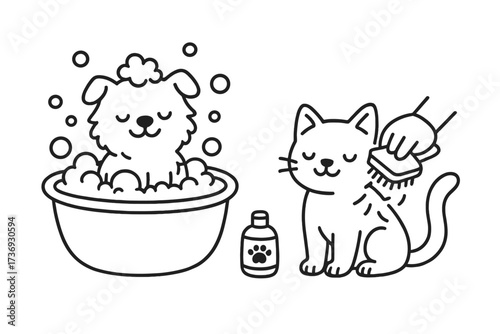 Vector line art illustration of pet grooming service. Cute kawaii dog takes a bubble bath and a hand brushes a cat. Animal hygiene, pet care salon, and washing icons set.