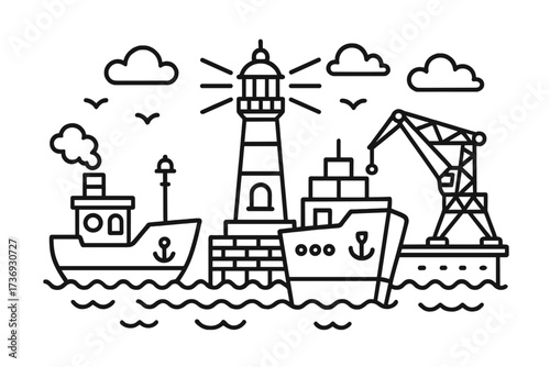 Harbor scene with cargo ships, lighthouse, and port crane. Line art vector icons for maritime transport, shipping industry, and global logistics. Nautical sea freight concept.