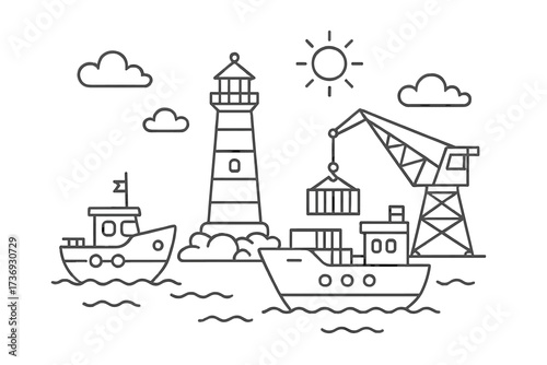 Seaport logistics and freight transport line icon set. Harbor scene with cargo ship, container crane, and lighthouse. Maritime shipping industry vector illustration concept.