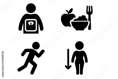 Health and fitness icons for weight loss, diet, and exercise. BMI, nutrition, and healthy eating symbols. Man running, scale, and healthy food. Vector silhouette pictogram set.