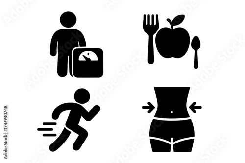 Health and fitness icons for weight loss, diet, and exercise. Vector set includes BMI scale, running man, healthy food, and slim body. Nutrition and workout concept symbols.