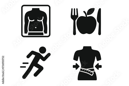 Health and fitness icon set. Vector silhouette symbols for weight loss, diet, and exercise. Includes obesity, healthy eating, running, and body measurement for BMI concepts.