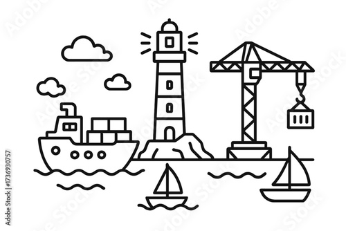 Harbor scene with cargo ship, crane and lighthouse. Maritime transport and logistics concept. Sea port with freight boat and containers. Linear vector illustration outline icon set.