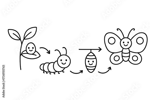 Butterfly life cycle vector illustration. Cute cartoon insect metamorphosis stages. Simple line art icon set shows growth from egg, larva, pupa, to butterfly. Happy nature transformation.