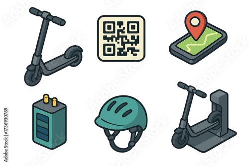 Electric scooter sharing service isometric icon set. E-scooter rental, urban mobility, transport concept. Vector icons of qr code, gps navigation, battery, helmet, dock.