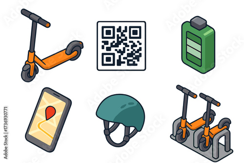 Isometric icon set of electric scooter sharing service. Urban mobility concept with e-scooter, qr code for rental app, battery charging station, navigation and safety helmet.