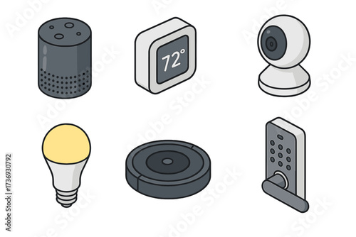 Isometric smart home devices icon set. Home automation system collection. Vector icons of speaker, thermostat, security camera, robot vacuum, light bulb, and smart door lock.